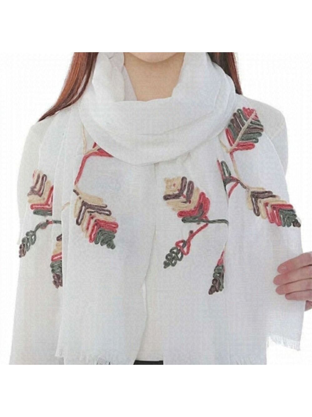 TRÏBE 100% Cotton white & green Embroidered Detailed Scarf Wrap NWT